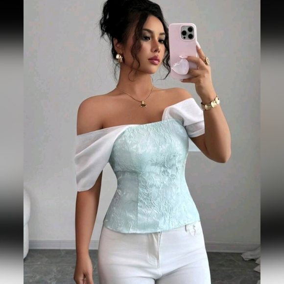 Women's Romantic Ruffled Off-Shoulder Fitted Shirt, Sweet Summer Cropped Top - Picture 1 of 4